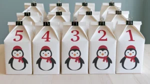 Handmade DIY advent calendar decor featuring white numbered gift boxes with penguin decorations, red hats, scarves, and black binder clips arranged on a wooden table.