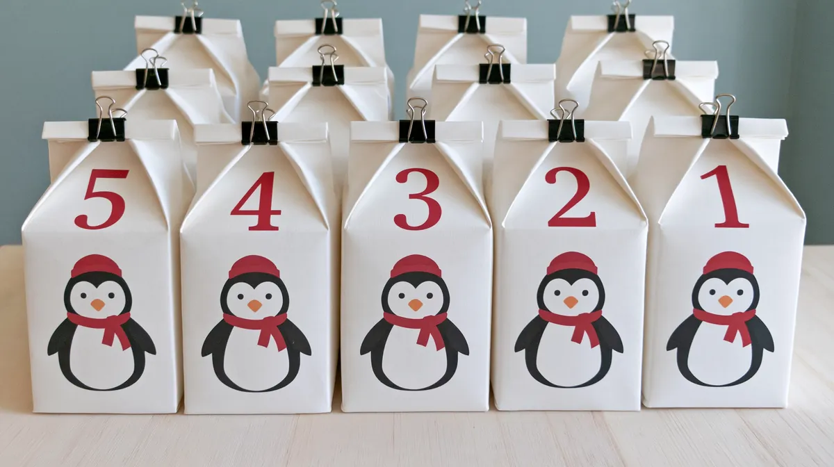Handmade DIY advent calendar decor featuring white numbered gift boxes with penguin decorations, red hats, scarves, and black binder clips arranged on a wooden table.