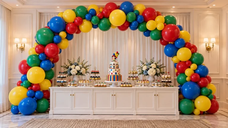 9 DIY Balloon Arch Party Decor Ideas for Every Celebration 6 Colorful DIY balloon arch party decor featuring red, blue, green, and yellow balloon clusters framing a white dessert table with a birthday cake, cupcakes, and floral arrangements.