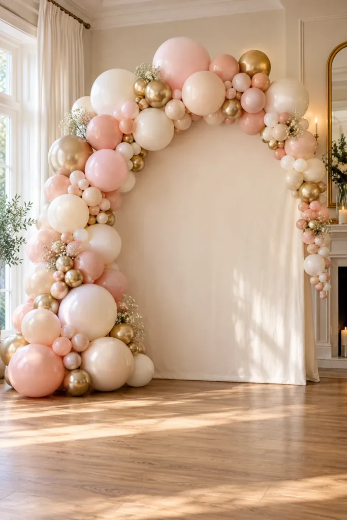 9 DIY Balloon Arch Party Decor Ideas for Every Celebration 5 Elegant DIY balloon arch photo booth backdrop with blush pink, ivory, champagne, and metallic gold balloons framing a fabric-covered party photography area.