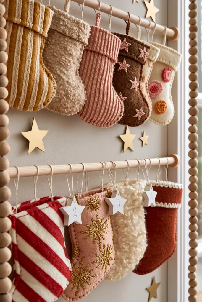 DIY Heirloom Advent Calendar Wall Decor: Handmade Holiday Ideas 2 Close-up of a DIY heirloom Advent calendar featuring embroidered felt stockings, numbered wooden stars, natural wooden dowels, and colorful handmade details.
