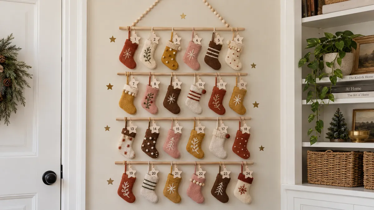 DIY Heirloom Advent Calendar Wall Decor: Handmade Holiday Ideas 1 Handmade DIY heirloom Advent calendar wall decor featuring 24 colorful embroidered felt stockings, numbered wooden stars, natural wood dowels, and decorative beads.