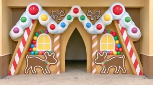 Life-sized gingerbread house entrance with a snowy white roof, red-and-white peppermint columns, colorful gumballs, yellow windows, and oversized gingerbread cookie decorations.