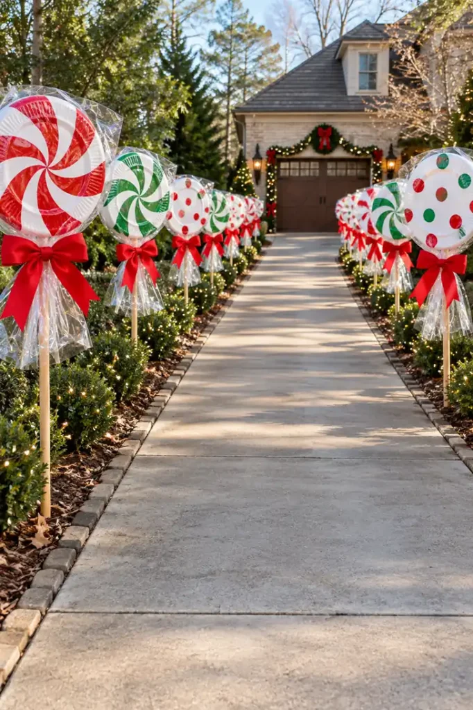 DIY Paper Plate Giant Lollipops Decor: 3 Fun Holiday Display Ideas 3 DIY paper plate giant lollipops with colorful peppermint patterns, clear cellophane wrappers, and red ribbon bows lining a driveway.