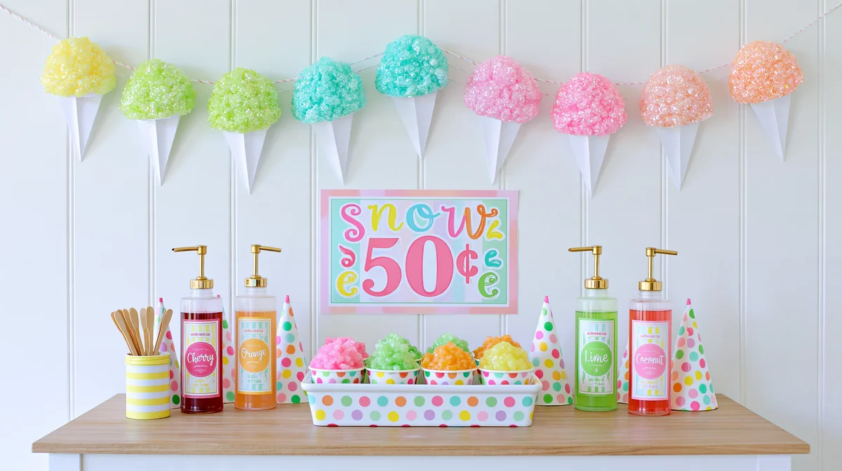 Colorful DIY snow cone garland decor with pastel glitter snow cones hanging above a summer party station featuring syrup bottles, polka-dot cups, and wooden spoons.