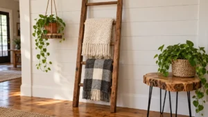 DIY wooden blanket ladder displaying cream and gray buffalo-check blankets against a white paneled wall, styled with hanging greenery and a live-edge wooden side table.