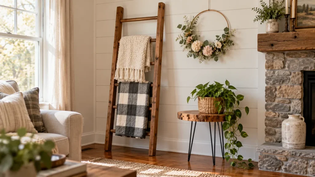 Rustic DIY wooden blanket ladder with a cream throw and gray plaid quilt, styled with a floral hoop wreath and live-edge side table in a cozy living room.