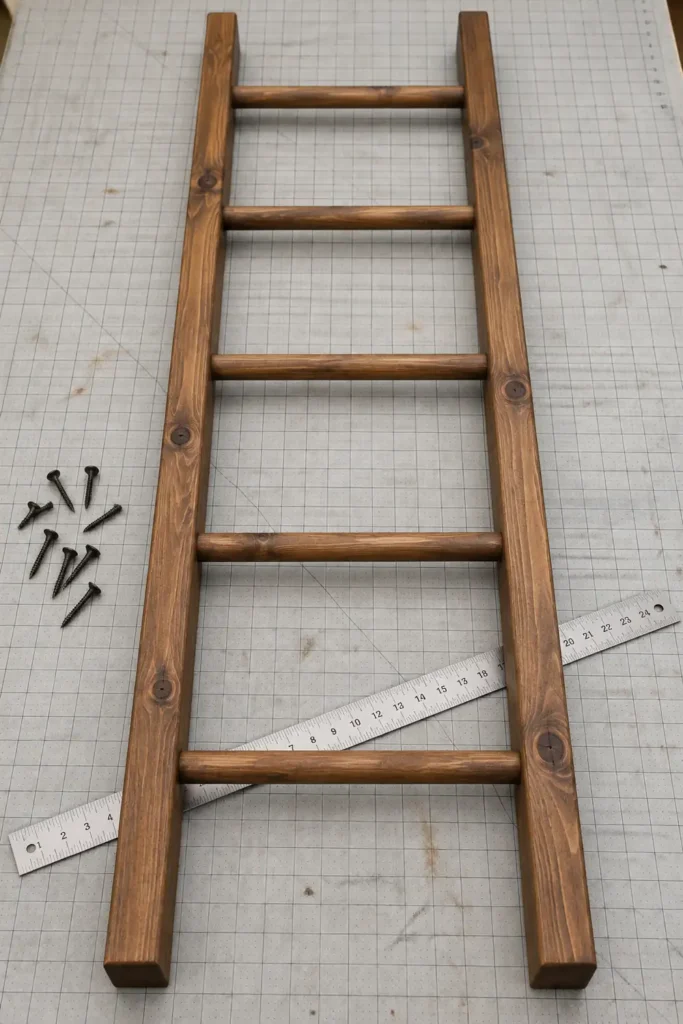 Completed DIY wooden blanket ladder with stained brown rails and round wooden rungs lying on a gridded work surface.