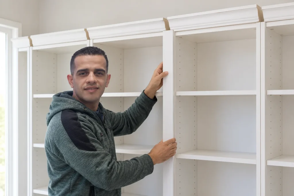 How to Give an IKEA BILLY Bookcase Wall a Built-In Look with Trim and Teal Paint 10 Mohammed Ayyad checking the fit of primed face trim between aligned bookcases