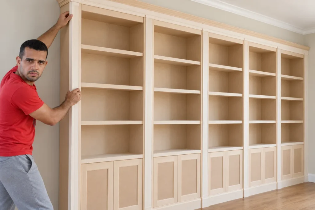 How to Finish a DIY IKEA Billy Bookcase Library Wall as One Cohesive Space 5 Trim and crown filler pieces being checked on a bookcase library wall before the final teal finish