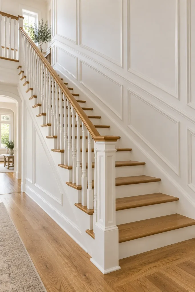 10 Decorating Mistakes That Make Your Home Look Cheap (And How to Fix Them) 10 Elegant staircase with white rectangular wall molding, natural wood steps, white balusters, and a warm wooden handrail adding architectural character.