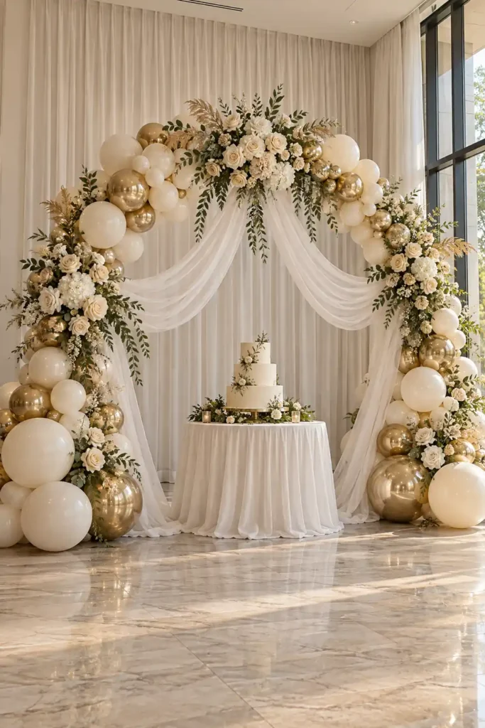 9 DIY Balloon Arch Party Decor Ideas for Every Celebration 10 Elegant wedding balloon arch with white, ivory, and metallic gold balloons, sheer draped fabric, cream floral arrangements, and a tiered wedding cake.