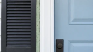 Pale blue front door with dark charcoal shutter, white trim, and a light-green foam strip prepared for fall decorating.