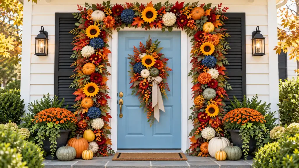 5 Fall Front Door Decor Ideas for a Warm and Welcoming Entry 7 Pale blue front door framed with autumn flowers, foliage, pumpkins, gourds, and dark charcoal shutters in a welcoming fall entry display.