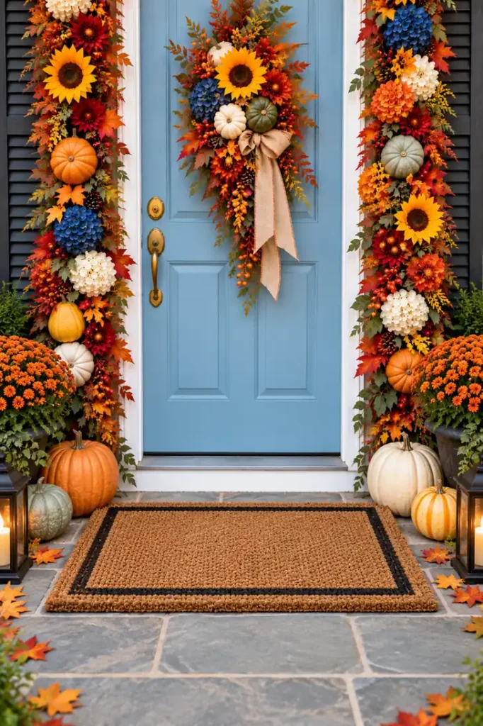5 Fall Front Door Decor Ideas for a Warm and Welcoming Entry 5 Woven fall welcome mat centered at the doorstep beneath a pale blue front door with dark charcoal exterior accents.
Fall Front Door Decor Ideas