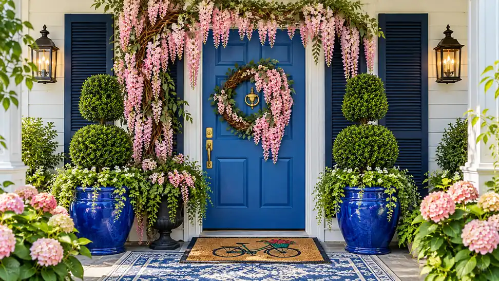 Faux Wisteria Vine Entryway Decor Ideas for a Charming Entrance 7 Finished spring entryway with a blue front door, cascading pink faux wisteria, vine wreath, cobalt planters, boxwood topiaries, and layered doormats.