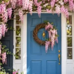 Bright blue front door framed with cascading pink faux wisteria vines, a natural vine wreath, dark navy shutters, and a green topiary.