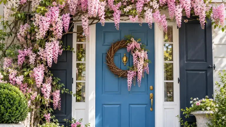 Bright blue front door framed with cascading pink faux wisteria vines, a natural vine wreath, dark navy shutters, and a green topiary.