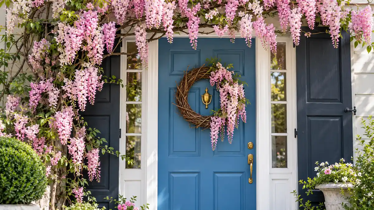 Faux Wisteria Vine Entryway Decor Ideas for a Charming Entrance 1 Bright blue front door framed with cascading pink faux wisteria vines, a natural vine wreath, dark navy shutters, and a green topiary.