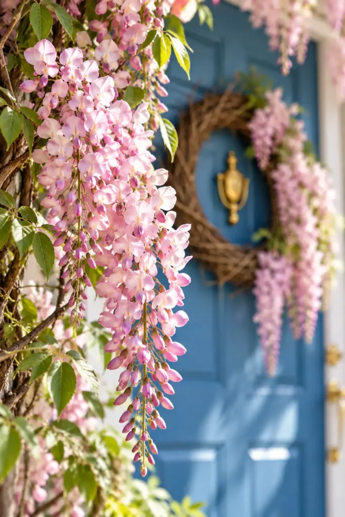 Faux Wisteria Vine Entryway Decor Ideas for a Charming Entrance 4 Close-up of soft pink faux wisteria with sage-green leaves beside a natural vine wreath on a bright blue front door.