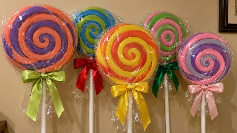 Cluster of oversized wrapped spiral lollipops with colorful bows displayed against a beige wall.
