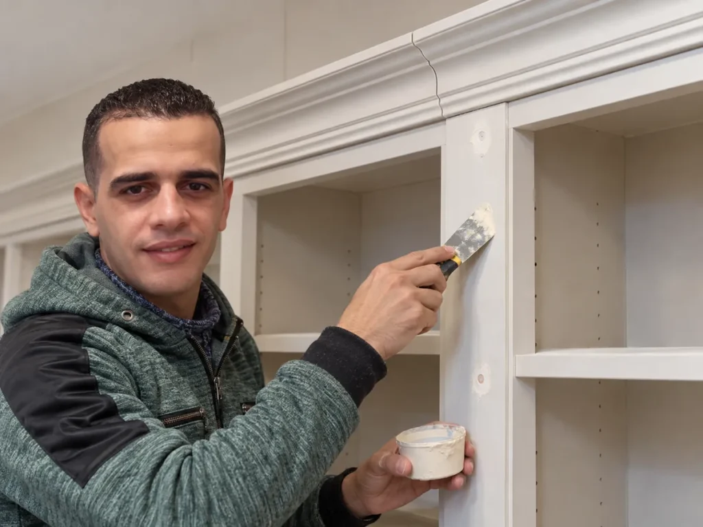 How to Give an IKEA BILLY Bookcase Wall a Built-In Look with Trim and Teal Paint 11 Small holes in primed bookcase trim filled before sanding and paint