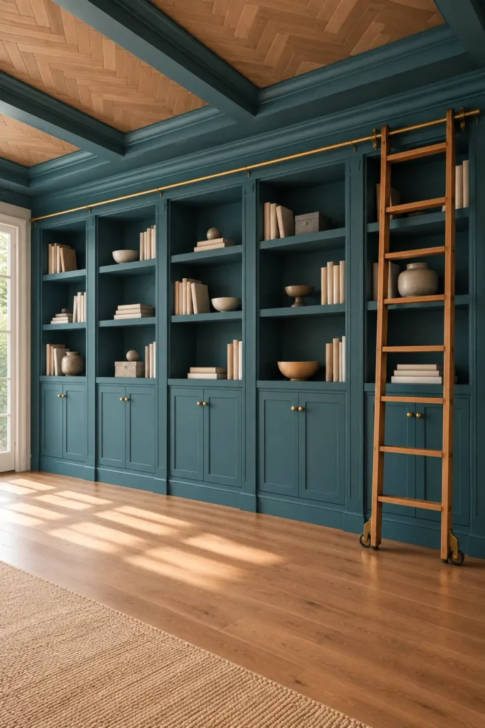 How to Finish a DIY IKEA Billy Bookcase Library Wall as One Cohesive Space 9 Finished teal Billy bookcase library wall with lower doors, trim, brass knobs, rolling ladder, and styled shelves