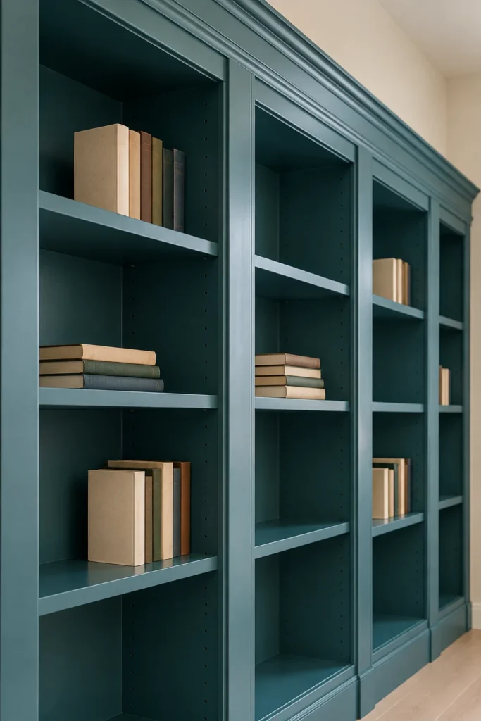 How to Give an IKEA BILLY Bookcase Wall a Built-In Look with Trim and Teal Paint 16 Angled view of the intended teal four-bay bookcase wall with continuous crown and face trim