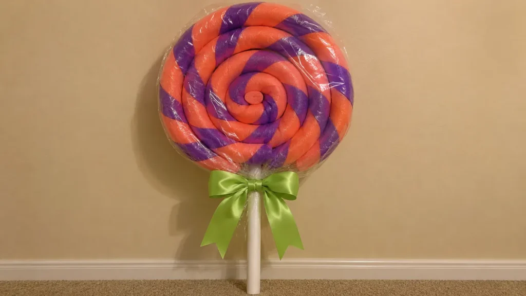 DIY Giant Lollipops Holiday Decor for a Candyland Display 3 Finished giant orange and purple spiral lollipop wrapped in clear cellophane with a green satin bow and white stick.
DIY Giant Lollipops