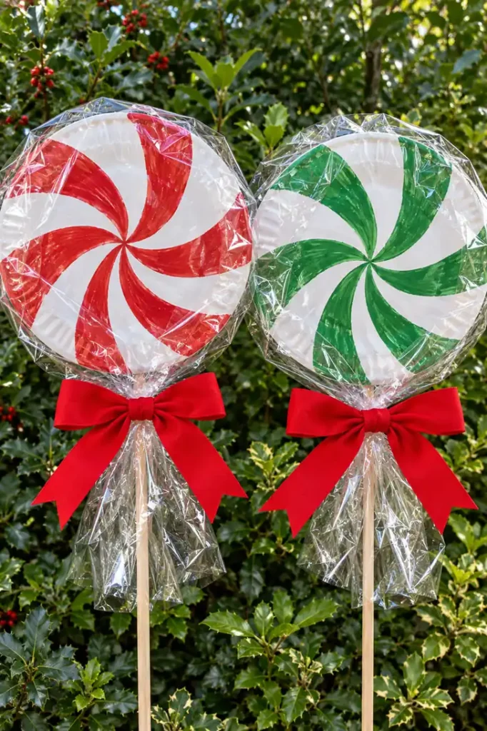 DIY Paper Plate Giant Lollipops Decor: 3 Fun Holiday Display Ideas 2 Two giant paper plate lollipops with red-and-white and green-and-white peppermint swirls, wrapped in cellophane with red bows in a garden.
DIY Paper Plate Giant Lollipops Decor