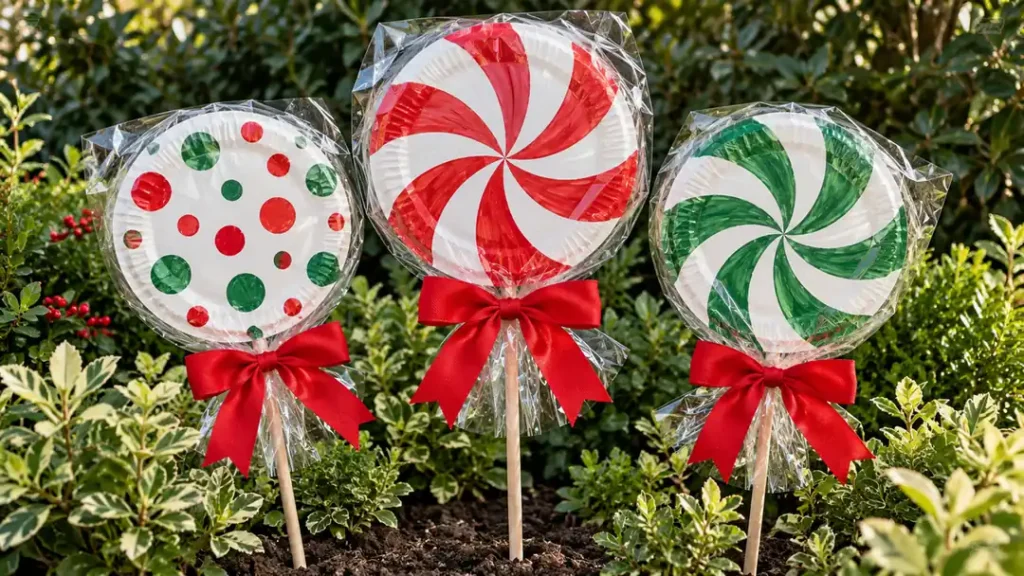 DIY Paper Plate Giant Lollipops Decor: 3 Fun Holiday Display Ideas 5 Three handmade giant paper plate lollipops in red, white, and green with cellophane wrappers and red bows arranged among garden greenery.