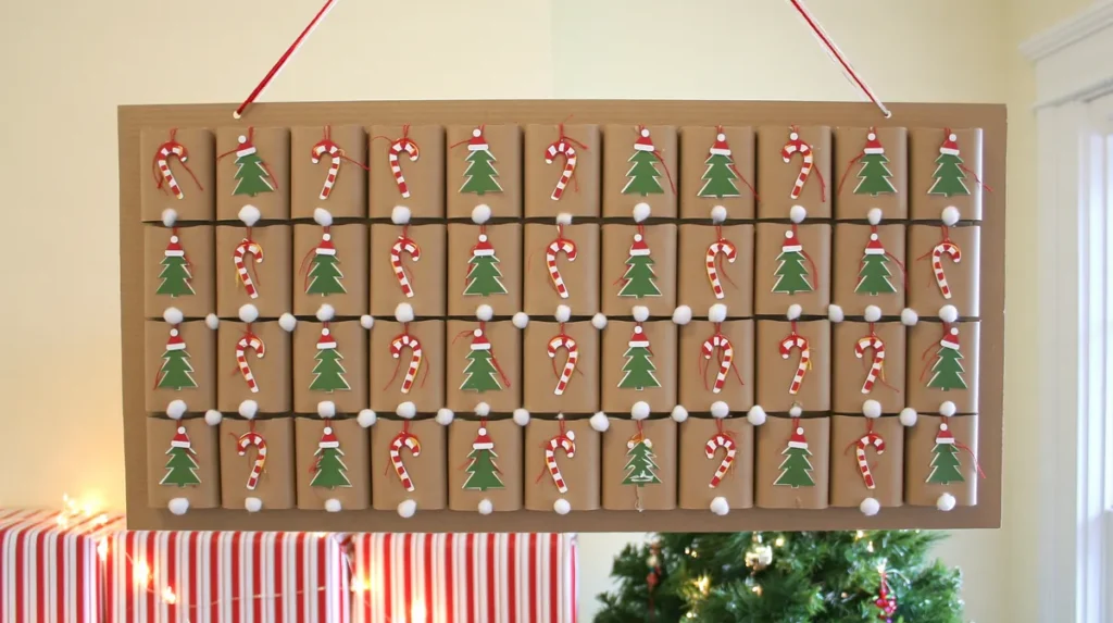 Handmade cardboard tube advent calendar with 24 decorated compartments featuring green paper trees, red-and-white ornaments, and striped gift packages below.