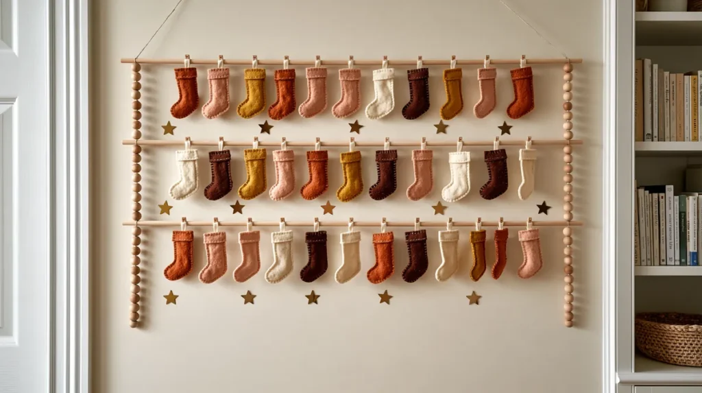 DIY Heirloom Advent Calendar Wall Decor: Handmade Holiday Ideas 7 Handmade heirloom Advent calendar with colorful felt stockings, wooden dowels, natural wood beads, and gold stars displayed beside a white bookshelf.
