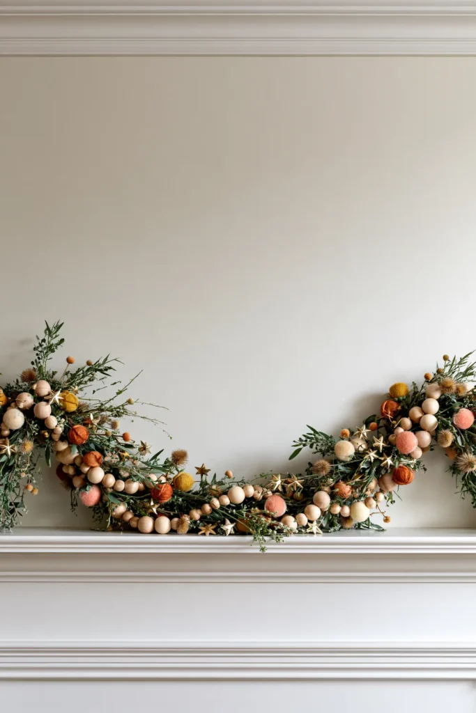 DIY Heirloom Advent Calendar Wall Decor: Handmade Holiday Ideas 6 Handmade holiday garland draped across a white mantel with natural greenery, wooden beads, gold stars, and warm felt accents.