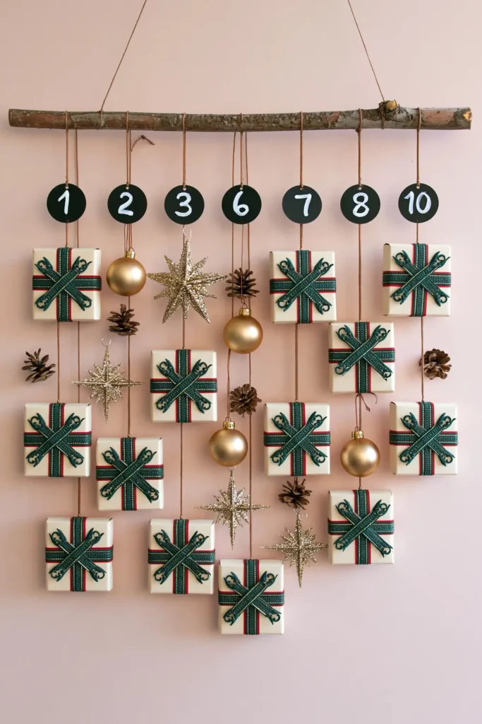 Hanging advent calendar with cream-colored cardboard gift packages tied with green ribbons, numbered black tags, and gold ornaments suspended from a wooden branch.