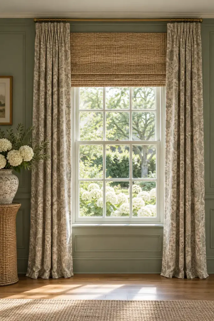 10 Decorating Mistakes That Make Your Home Look Cheap (And How to Fix Them) 9 Tall window with ceiling-mounted patterned drapes, a natural woven Roman shade, brass curtain rod, and sage-green wall paneling.