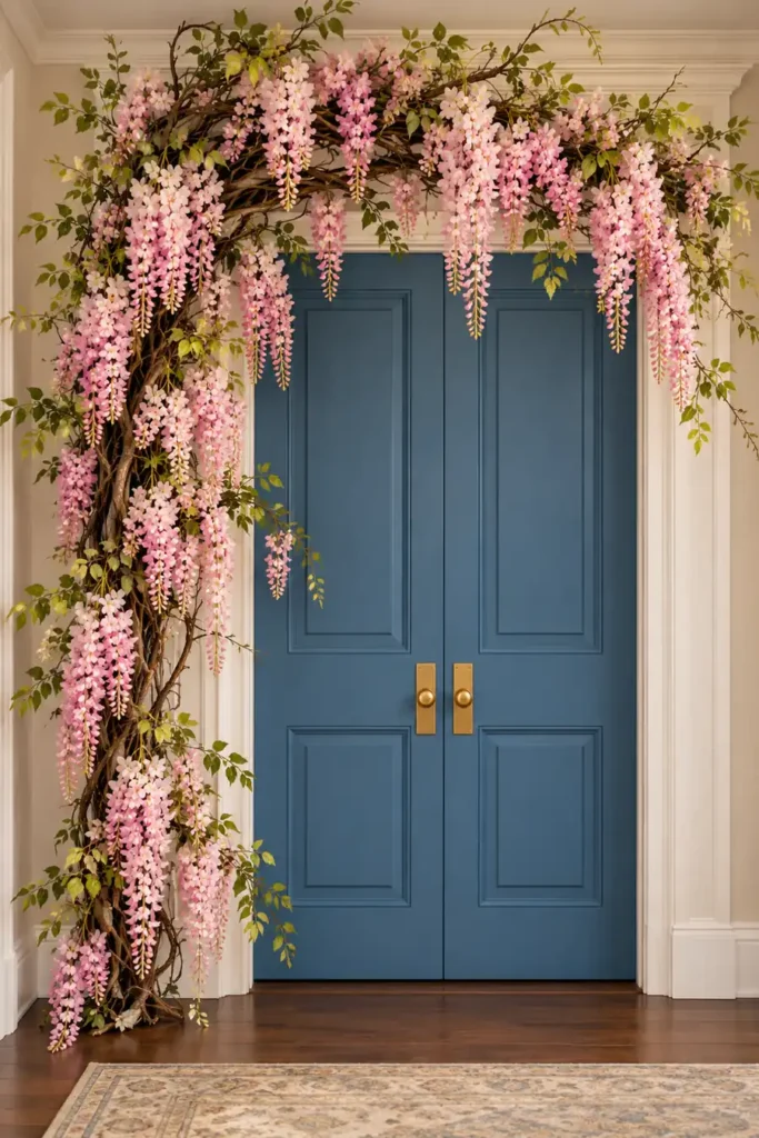 Faux Wisteria Vine Entryway Decor Ideas for a Charming Entrance 3 Indoor doorway framed with cascading pink faux wisteria, dark brown branches, and pale green leaves for a bridal shower backdrop.