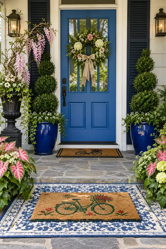 Faux Wisteria Vine Entryway Decor Ideas for a Charming Entrance 5 Layered bicycle doormats over a blue-and-white patterned rug at a bright blue front door with cobalt planters and boxwood topiaries.