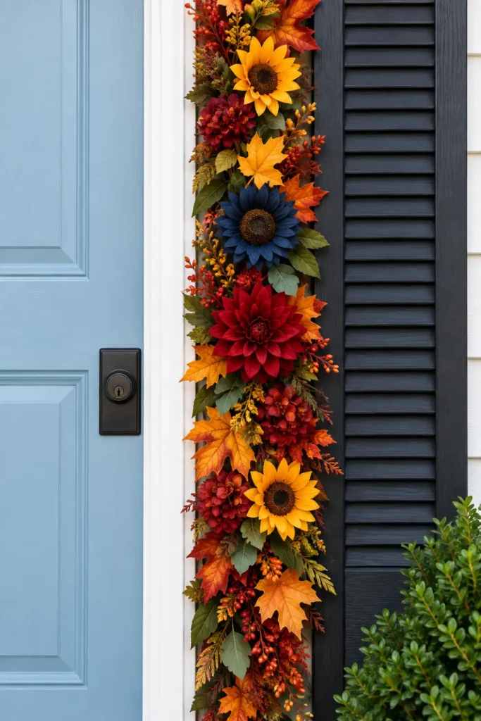 5 Fall Front Door Decor Ideas for a Warm and Welcoming Entry 2 Dense fall floral arrangement with yellow, red, burgundy, blue, and orange blooms beside a pale blue front door and charcoal shutter.