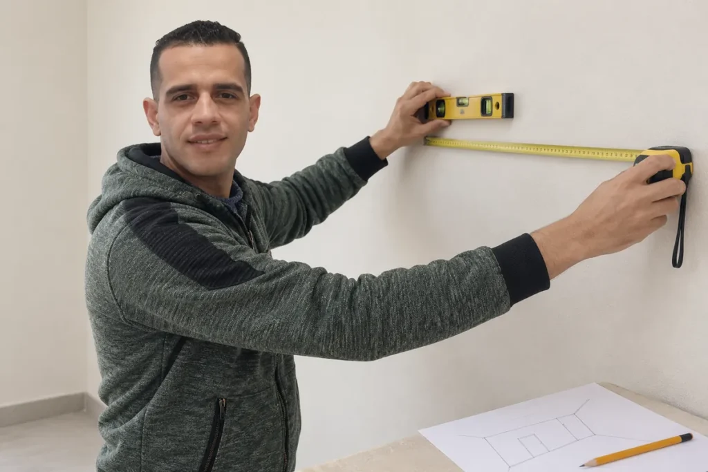How to Give an IKEA BILLY Bookcase Wall a Built-In Look with Trim and Teal Paint 2 Mohammed Ayyad measuring a wall and checking level before planning the bookcase layout