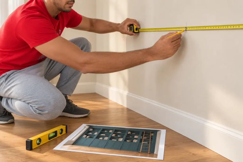 How to Finish a DIY IKEA Billy Bookcase Library Wall as One Cohesive Space 2 Hands measuring a blank wall before planning the teal Billy bookcase library wall layout