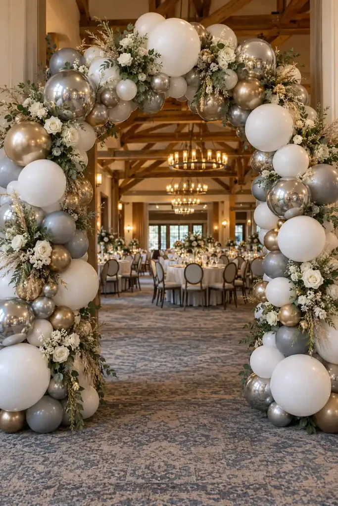 9 DIY Balloon Arch Party Decor Ideas for Every Celebration 4 Elegant freestanding balloon arch with silver, bronze, and white balloons, floral accents, and a reception hall visible through the opening.