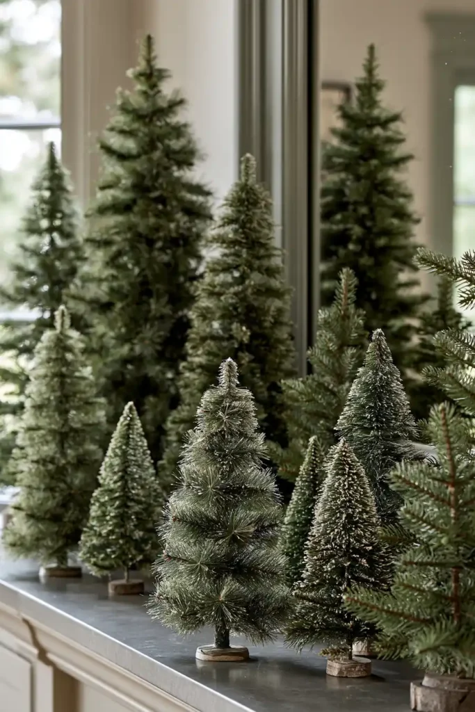 DIY Heirloom Advent Calendar Wall Decor: Handmade Holiday Ideas 5 Miniature bottle brush trees of varying heights arranged in small layered groups along a mantel for simple festive decor.