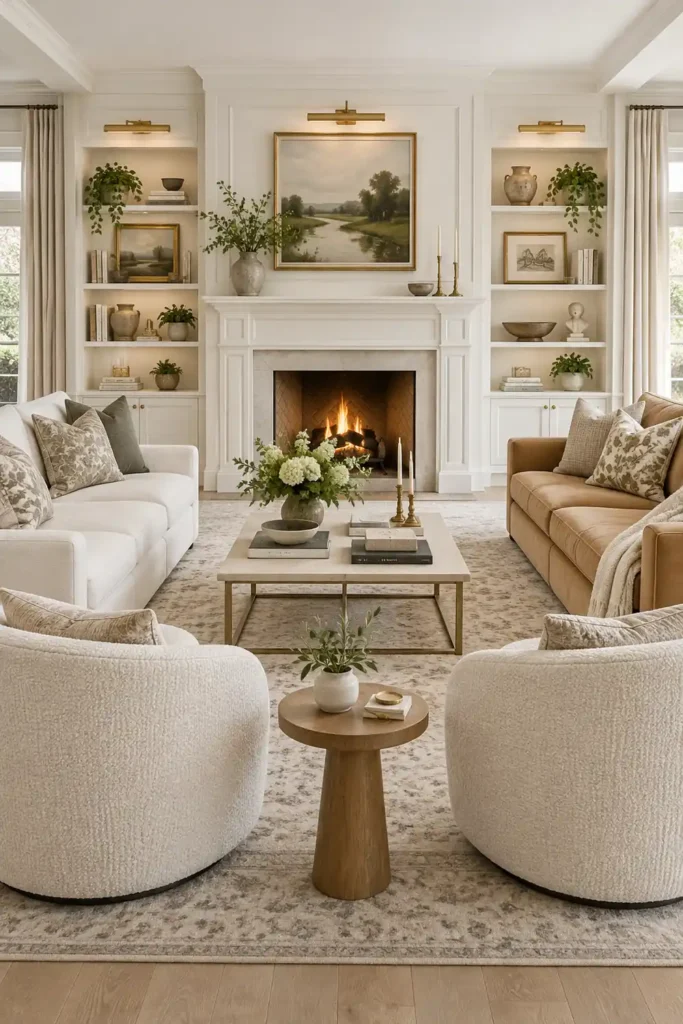 10 Decorating Mistakes That Make Your Home Look Cheap (And How to Fix Them) 3 Bright living room with contrasting white and camel sofas, rounded textured accent chairs, wooden tables, and white built-in shelves illustrating how to mix furniture styles.