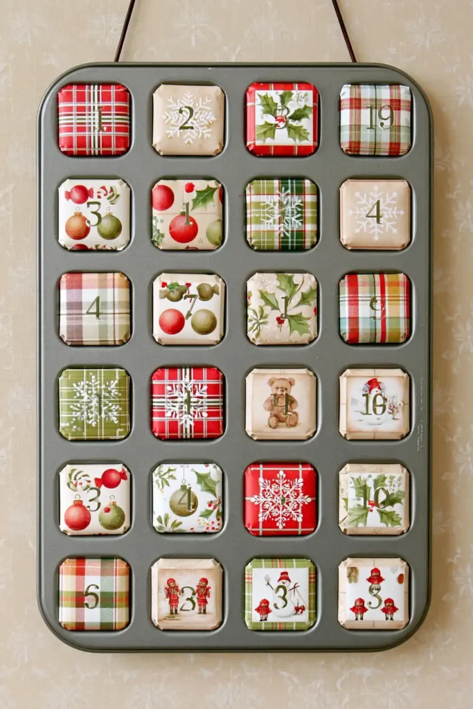 DIY muffin tin advent calendar with 24 numbered decorative paper lids featuring plaid patterns, snowflakes, holly leaves, ornaments, and illustrated characters.