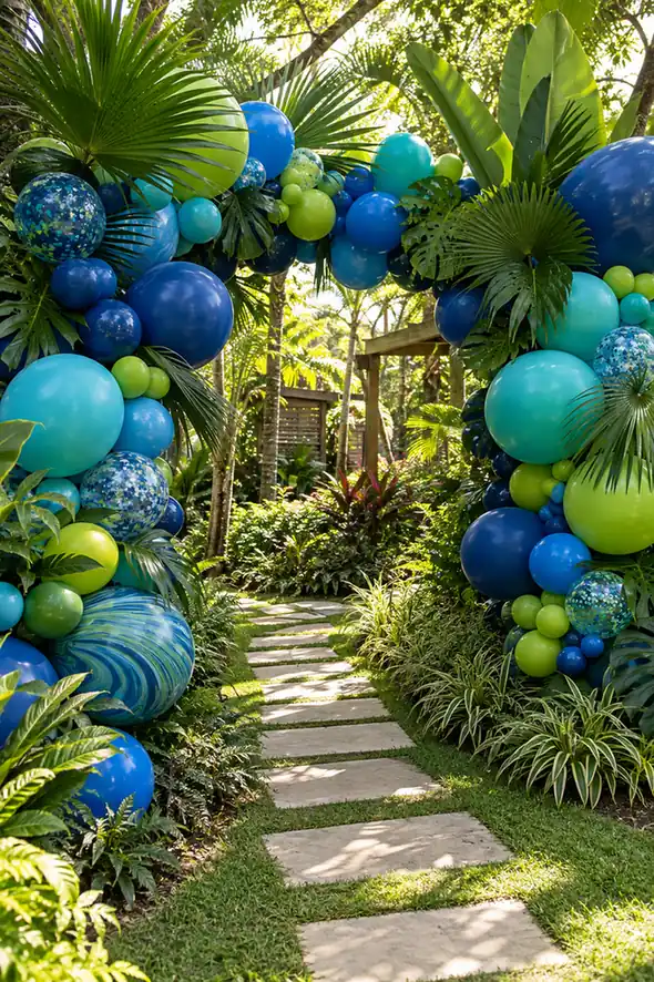 9 DIY Balloon Arch Party Decor Ideas for Every Celebration 7 Outdoor balloon arch in blue, turquoise, navy, and lime green with tropical palm leaves, lush garden plants, and a stepping-stone pathway.
