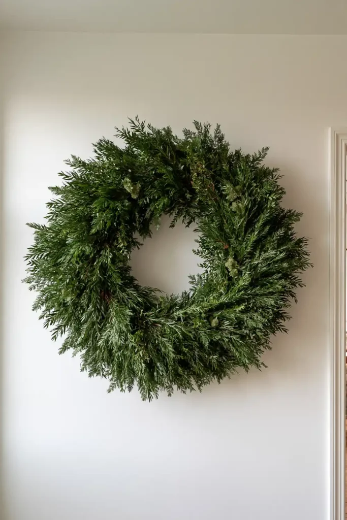 DIY Heirloom Advent Calendar Wall Decor: Handmade Holiday Ideas 4 Oversized handmade holiday wreath with full decorative foliage covering a circular pool noodle base, displayed on an interior wall.