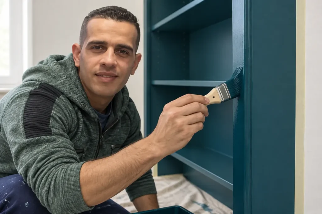 How to Give an IKEA BILLY Bookcase Wall a Built-In Look with Trim and Teal Paint 14 Mohammed Ayyad brushing deep teal paint onto bookcase trim beside a freshly coated shelf face