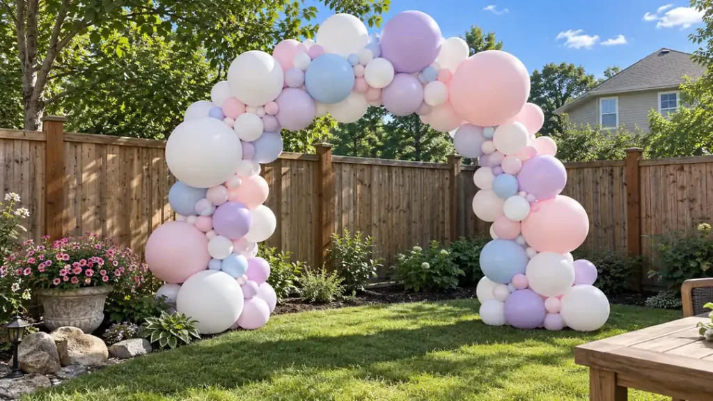 9 DIY Balloon Arch Party Decor Ideas for Every Celebration 11 Pastel lavender, white, pink, and light blue DIY balloon arch in a sunny backyard with a wooden privacy fence, flowering planter, and green lawn.