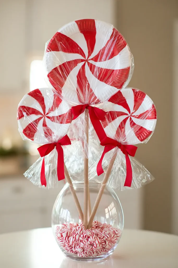 DIY Paper Plate Giant Lollipops Decor: 3 Fun Holiday Display Ideas 4 A clear glass vase filled with red-and-white peppermint candies holds giant handmade paper plate lollipops wrapped in cellophane with red bows.